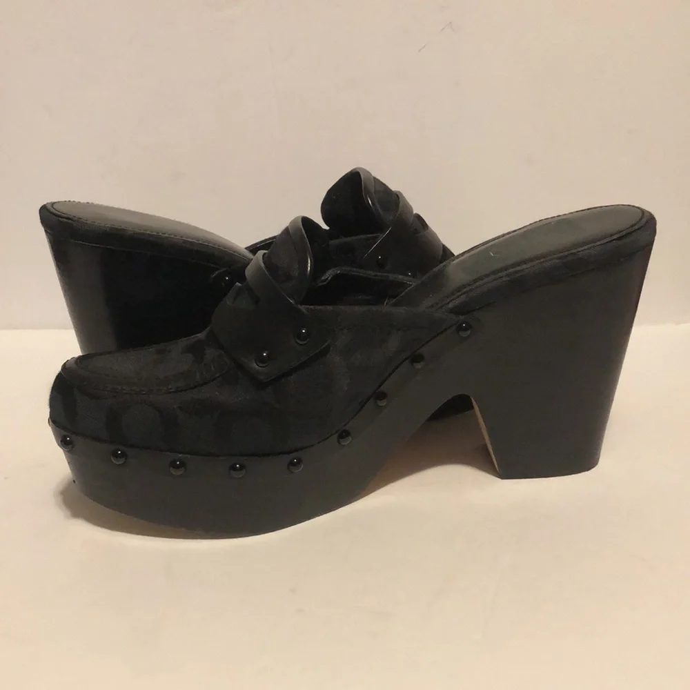 Coach Black C Logo Nalina Black Signature Canvas & Leather Chunky Platform Slide
